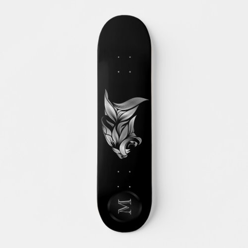 Silver Stylized Tiger Head On Black Monogram Skateboard