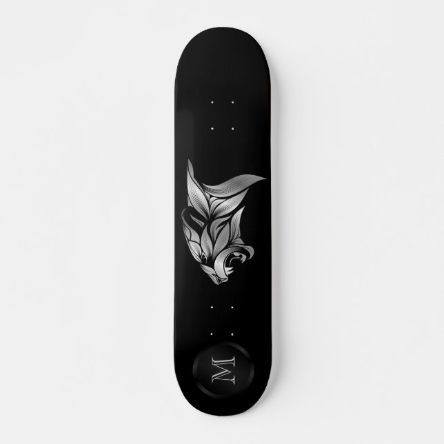 Silver Stylized Tiger Head On Black Monogram Skateboard (Front)