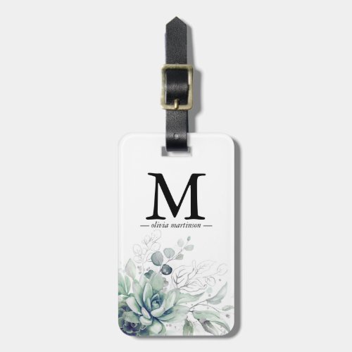 Silver Succulents Greenery Monogram  Luggage Tag