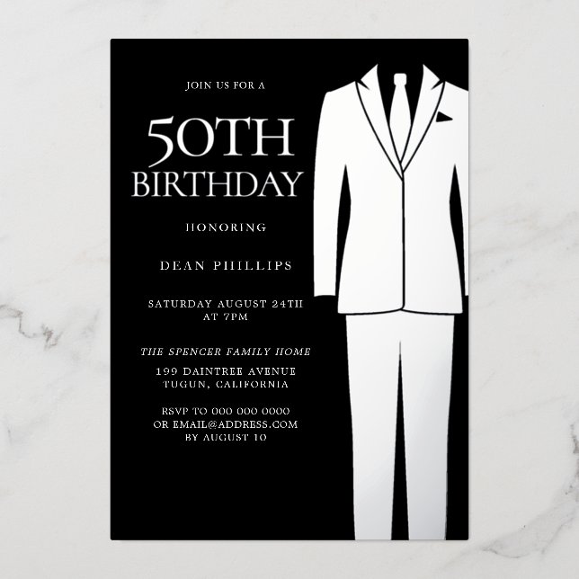 Silver Suit & Tie Black Mens 50th Birthday Party  Foil Invitation (Front)