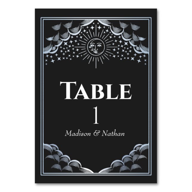 Silver Sun and Moon Tarot Wedding Table Number (Front)