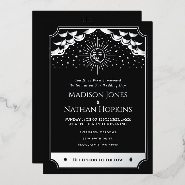 Silver Sun Moon Tarot Wedding Details Invitation Foil Invitation (Front/Back)
