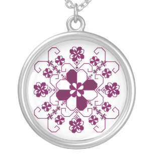 Silver Sun necklace with Latvian burgandy design