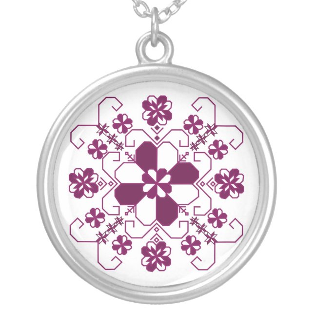 Silver Sun necklace with Latvian burgandy design (Front)