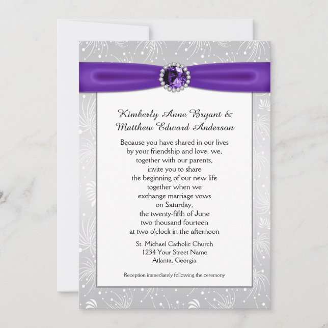 Silver Sunbursts Purple Gemstones Ribbons Diamond Invitation (Front)