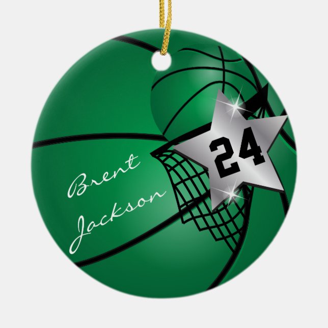 Silver Superstar Basketball | DIY Text| Dark Green Ceramic Ornament (Front)