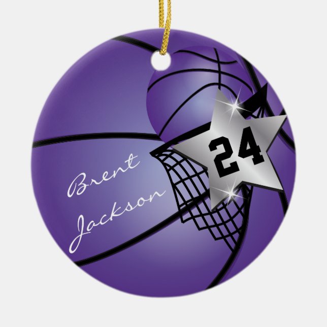 Silver Superstar Basketball | DIY Text | Purple Ceramic Ornament (Front)