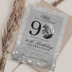 Silver SURPRISE Photo Glam 90th Birthday Invitation