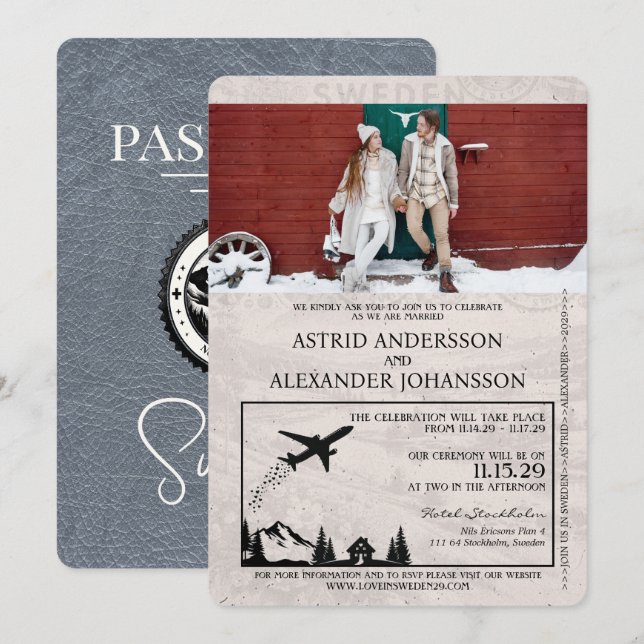 Silver Sweden Passport Wedding Invitation (Front/Back)