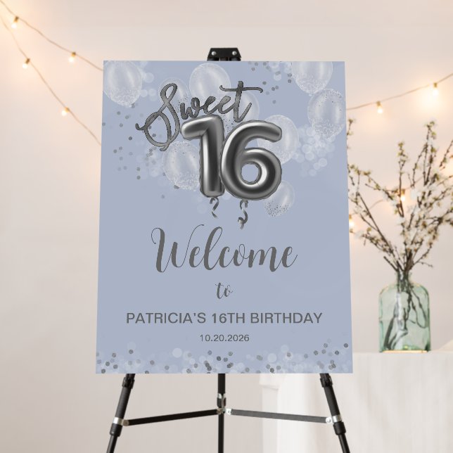 Silver Sweet 16 Balloons Dusty Blue Welcome Sign (In Situ (Stand))