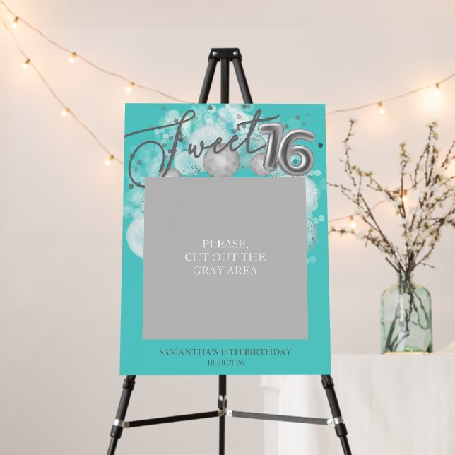 Silver Sweet 16 Balloons Party Photo Prop Teal Foam Board (In Situ (Stand))