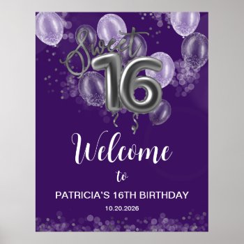 Silver Sweet 16 Balloons Purple Welcome Sign by LitleStarPaper at Zazzle