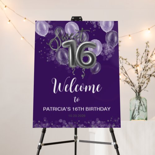 Silver Sweet 16 Balloons Purple Welcome Sign