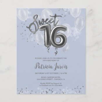Silver Sweet 16 Bday Balloons Budget Invitations by LitleStarPaper at Zazzle