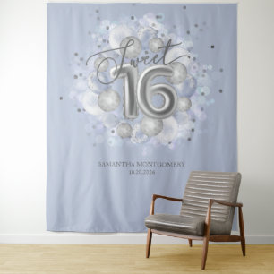 Silver Sweet 16 Bday Balloons Dusty Blue Backdrop