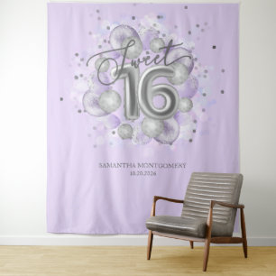 Silver Sweet 16 Bday Balloons Lavender Backdrop