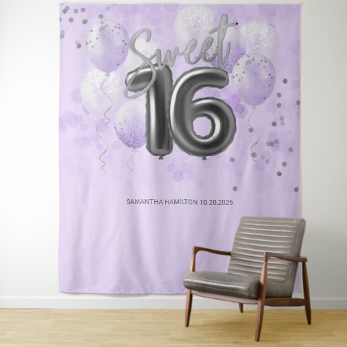 Silver Sweet 16 Bday Balloons Lavender Backdrop