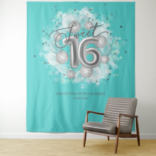 Silver Sweet 16 Bday Balloons Party Teal Backdrop