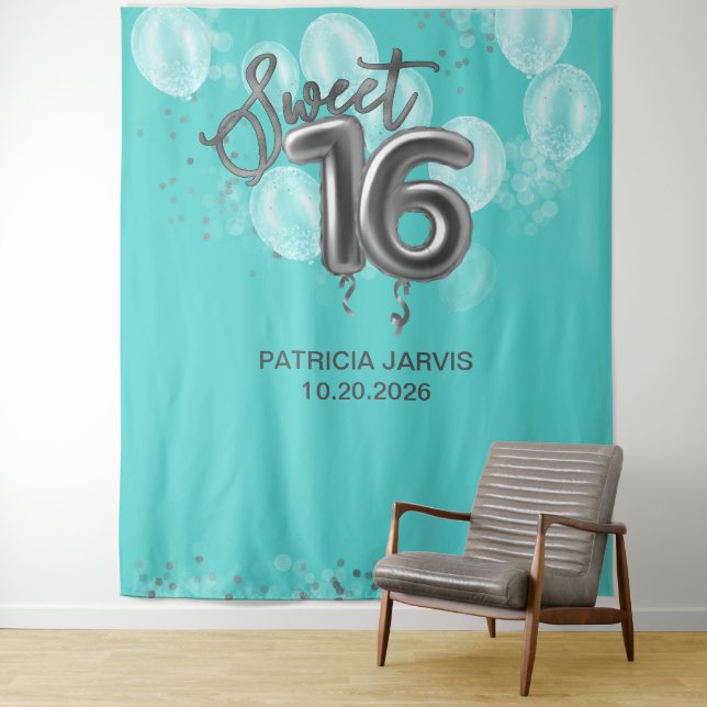 Silver Sweet 16 Bday Balloons Party Teal Backdrops (In Situ)