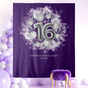 Silver Sweet 16 Bday Balloons Purple Backdrop