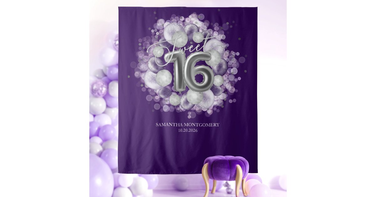 Silver Purple Glitter Sweet 16th Round Birthday Backdrop