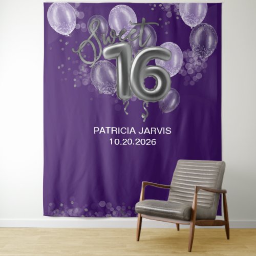 Silver Sweet 16 Bday Balloons Purple Backdrops