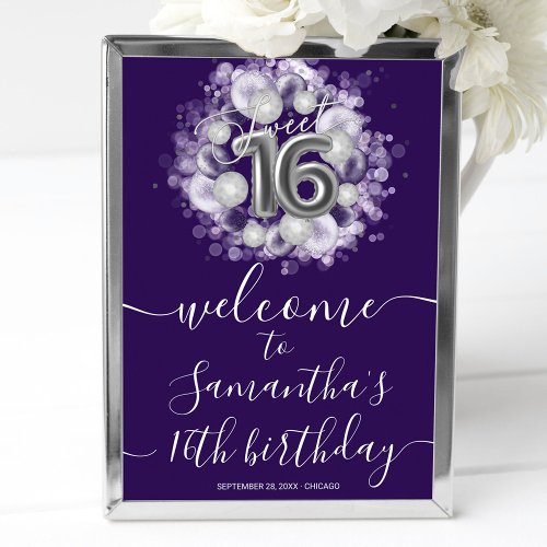 Silver Sweet 16 Bday Balloons Purple Welcome Sign