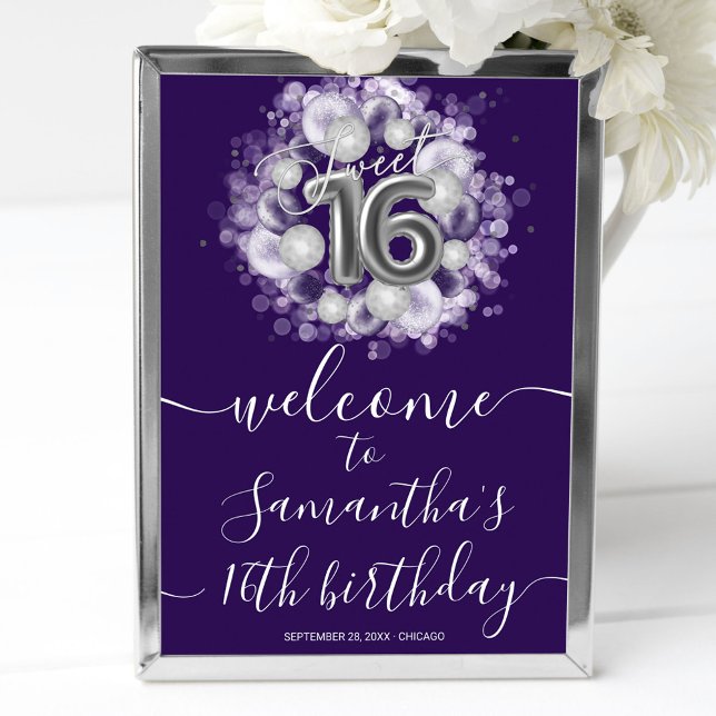 Silver Sweet 16 Bday Balloons Purple Welcome Sign (Creator Uploaded)