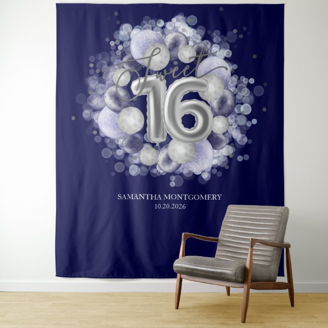 Silver Sweet 16 Bday Balloons Royal Blue Backdrop (In Situ)