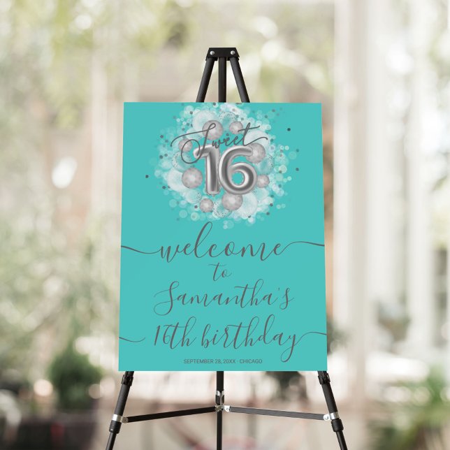 Silver Sweet 16 Bday Balloons Teal Welcome Sign (Creator Uploaded)