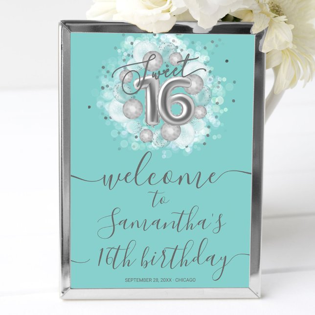 Silver Sweet 16  Bday Balloons Teal Welcome Sign (Creator Uploaded)