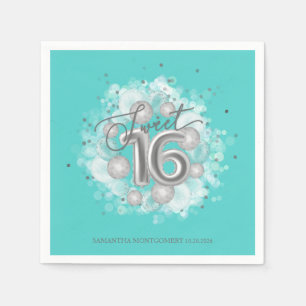Silver Sweet 16 Birthday Balloons Party Teal Napkins