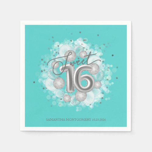 Silver Sweet 16 Birthday Balloons Party Teal Napkins