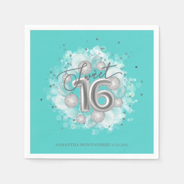 Silver Sweet 16 Birthday Balloons Party Teal Napkins (Front)