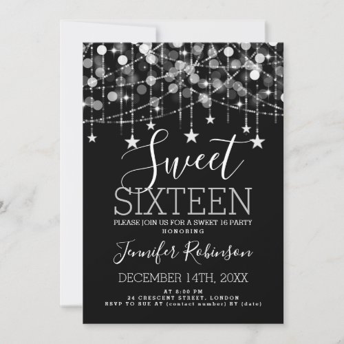 Silver Sweet 16 Birthday Sparkly String Lights Invitation