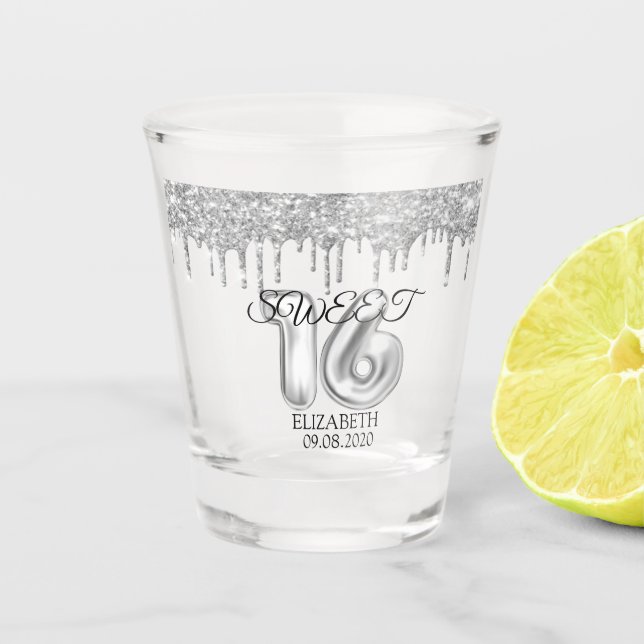 Silver Sweet 16 Glitter Drips Shot Glass (Front)