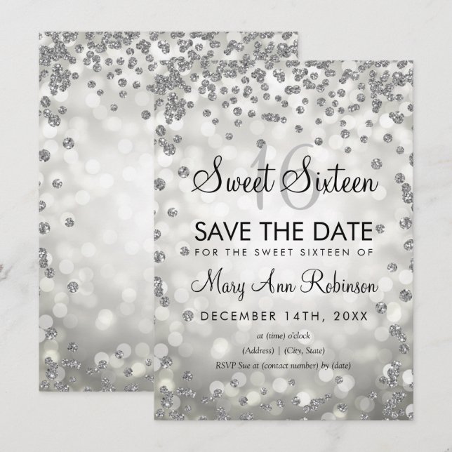 Silver Sweet 16 Save The Date Glitter Lights Invitation (Front/Back)