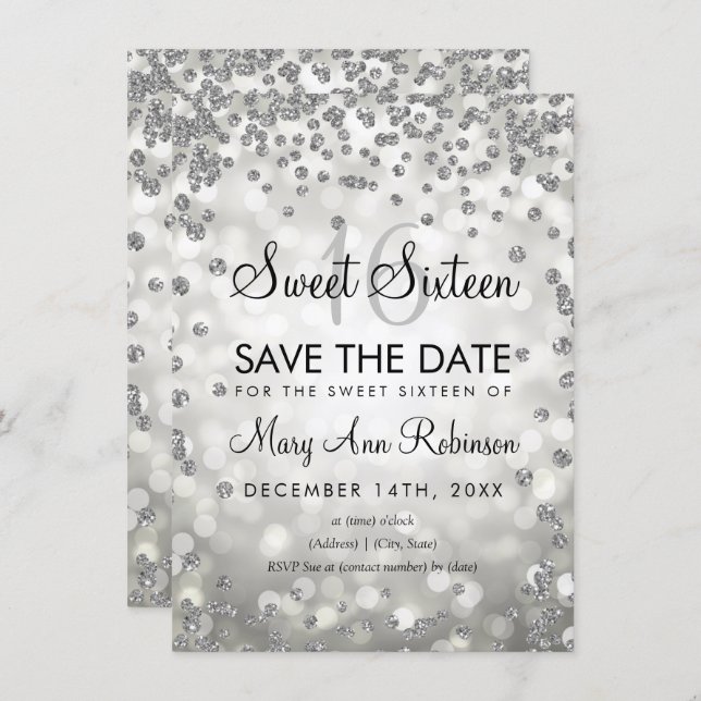 Silver Sweet 16 Save The Date Glitter Lights Invitation (Front/Back)