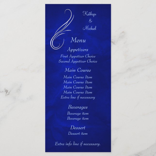 Silver Swirl Bright Blue Wedding Menu (Front)
