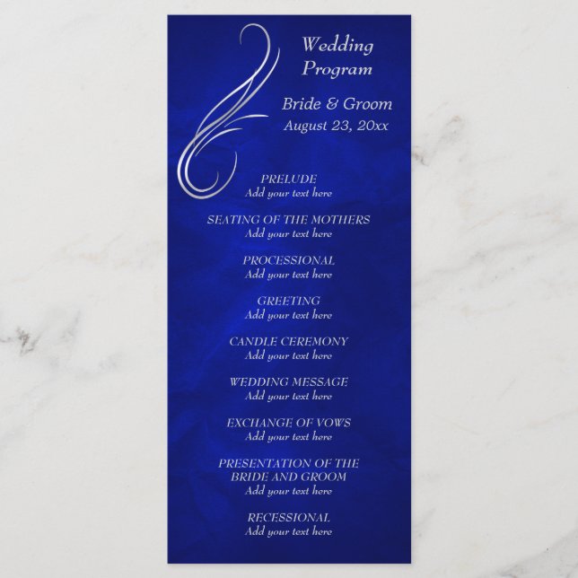 Silver Swirl Bright Blue Wedding Program (Front)