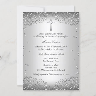 Silver Swirl & Cross Baptism/Christening Invitation