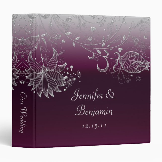 Silver Swirl Flowers on Silver and Eggplant Purple 3 Ring Binder (Front/Spine)