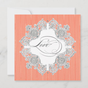 Silver Swirl Moire - Coral Peach Formal Wedding Invitation