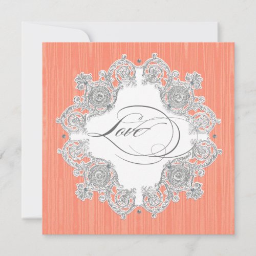 Silver Swirl Moire _ Coral Peach Formal Wedding Invitation