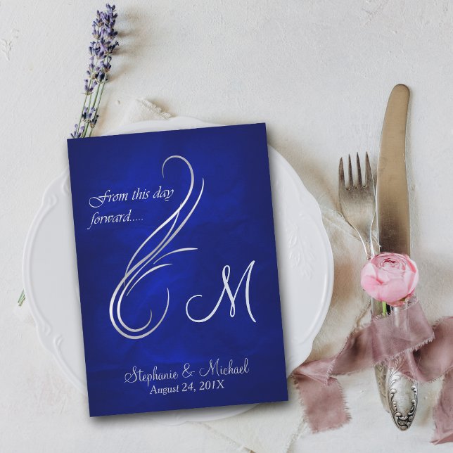 Silver Swirl Monogram Bright Blue Wedding Invitation (Creator Uploaded)