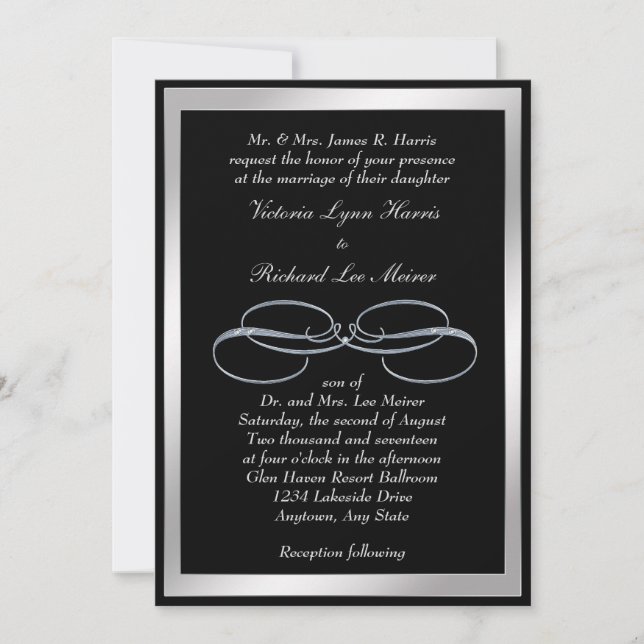 Silver Swirl on Black Elegant Wedding Invitation (Front)