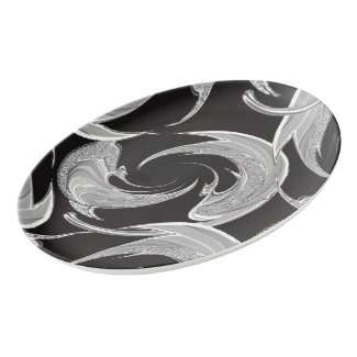 Silver Swirl Pattern on Black Porcelain Serving Platter