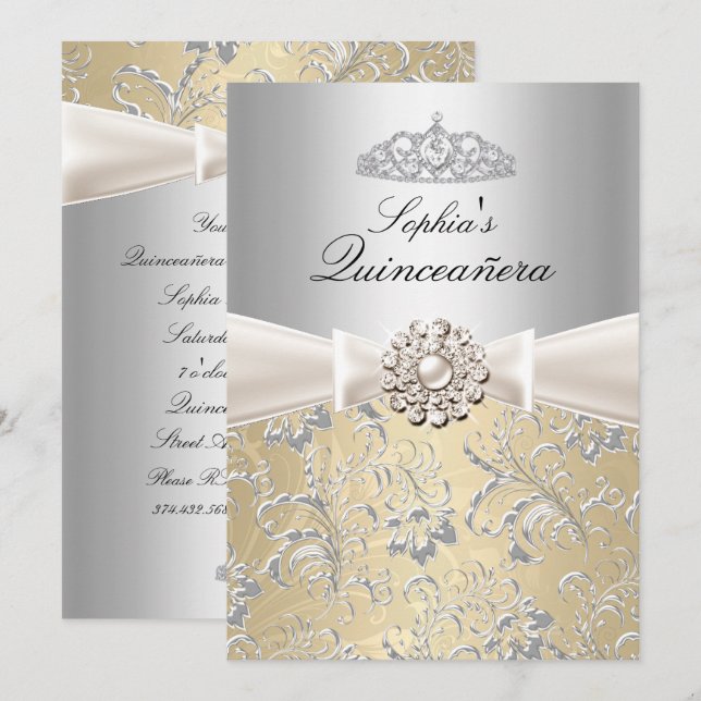 Silver Swirl Tiara Quinceanera Announcements (Front/Back)