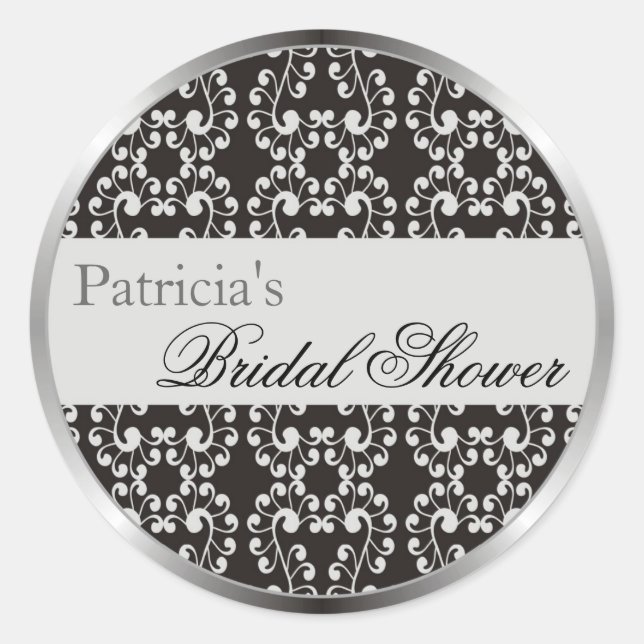 Silver Swirls Bridal Shower Favor Stickers - Black (Front)