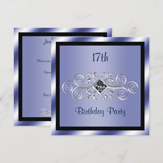 Silver Swirls & Diamond 17th Birthday Party Invitation (Front/Back)